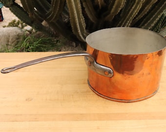Vintage Hammered Copper Saucepan: 14-1/4" Retinned Cookware