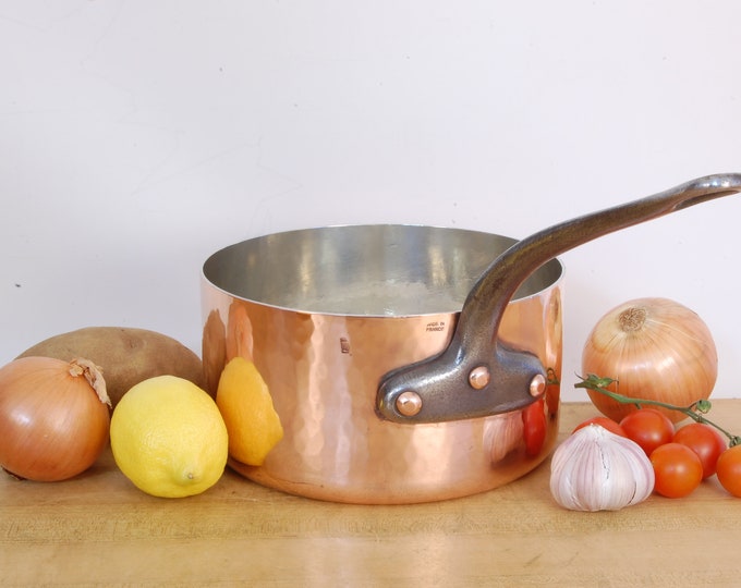 8" Matfer Stamped Vintage French Copper Saucepan with Hammered Finish. NEW TIN. 2.1mm, 4lb. 8oz. We carry vintage & antique copper cookware.