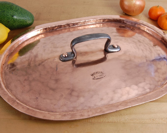 NEW TIN 16-3/4" Mutual NY Stamped Vintage Copper Saucepan Lid with Hammered Finish. 1.6mm, 4lb. 3oz. We carry vintage and antique copper.