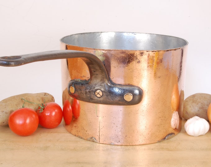 10-1/2" Dovetailed, NEW TIN Sauce Pan 2.3mm 9lb. 13oz. We sell vintage and antique copper cookware.