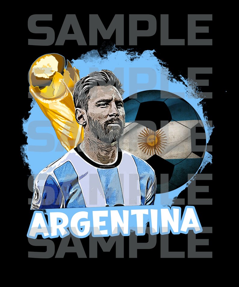 May include: A digital illustration of Lionel Messi, an Argentinian soccer player, holding a soccer ball and a trophy. He is wearing a blue and white soccer jersey with the Argentinian flag on the soccer ball. The text "ARGENTINA" is written in white letters on a blue background.