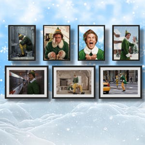 May include: A set of framed prints depicting scenes from the film "Elf." Each print captures a different moment from the movie, with the main character in a green elf costume and a yellow hat. The prints are set against a snowy blue backdrop.