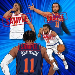 May include: Illustration of four basketball players in New York Knicks uniforms. One player is seen from the back with the name "Brünson" and the number "11". The other players are in action poses, with the word "SAMPLE" across the image.