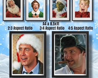 May include: Framed prints featuring holiday movie and character portraits. The images include Santa Claus, Buddy the Elf, the Grinch, and Kevin McCallister. Additional prints show Clark Griswold and a man with a cigar. The text "A4 & 8.5x11" and aspect ratios are also visible.
