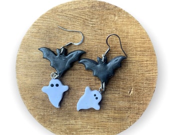Halloween Ghost and Bat Earrings, spooky earrings, Halloween jewelry, witchy earrings