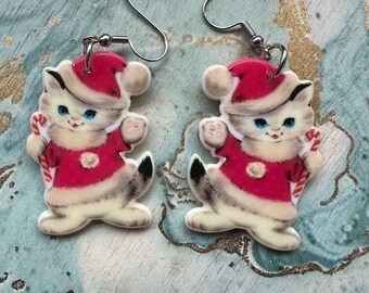 Christmas Cat Earrings Santa Cat Vintage Christmas Festive Jewelry
