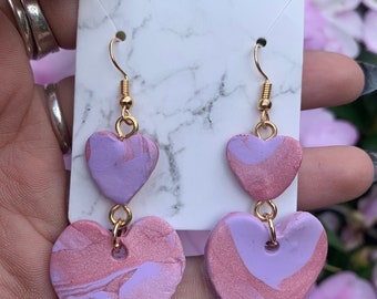 Polymer Clay Heart Earrings, tiered earrings, kawaii earrings, heart earrings, marbled polymer clay, cute earrings
