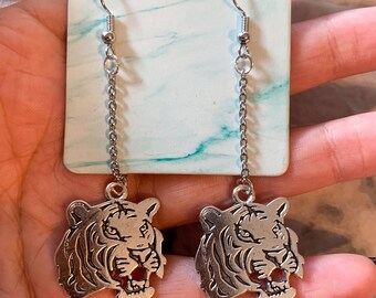 Tiger Head Earrings, Dangly Tiger Earrings, Silver Earrings, Animal Earrings, Drop Earrings