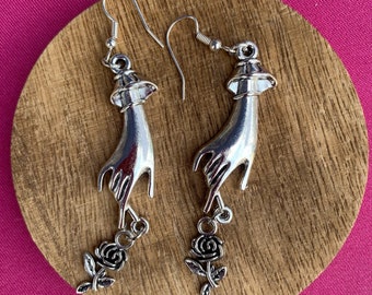 Hand with Rose Earrings, hand jewelry, rose jewelry, silver earrings