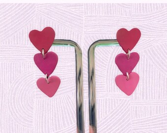 Heart Earrings, clay earrings, ombré earrings, love jewelry, heart jewelry, drop heart earrings