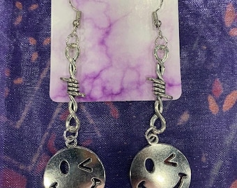Barbed Wire Smiley Face Dangle Earrings, barb wire, statement earrings