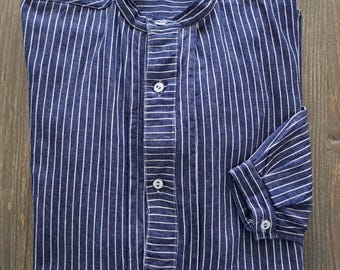 Rare! Antique German butcher's shirt circa 1910 *Men's shirt*Work shirt*Fisherman's shirt*Stand-up collar shirt*Blue and white striped warm winter shirt