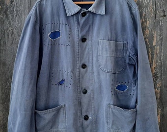 old German 60s blue work jacket*work jacket, colour-faded & embroidered and patched with Sashiko Boro hand sewing