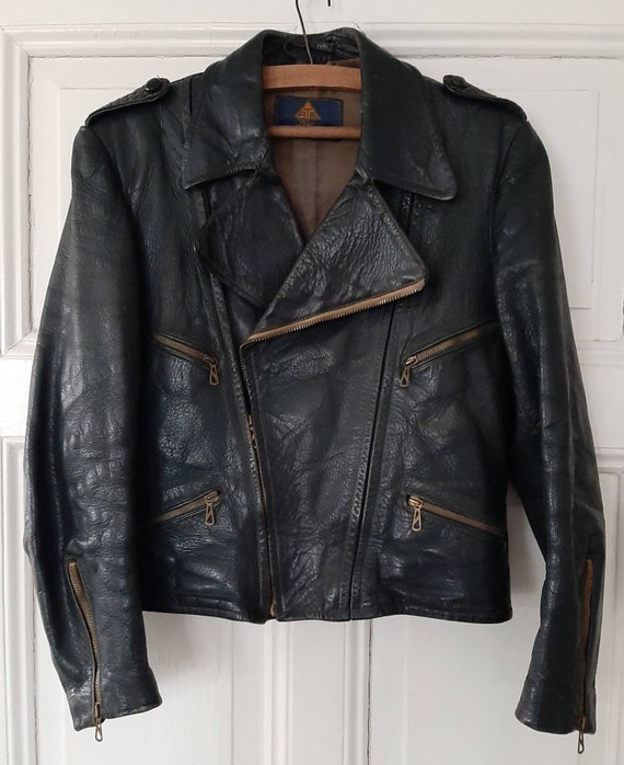 Rar ! antike & grüne deutsche "ATE" LEDERJACKE*Motorradlederjacke*Vintage Lederjacke mit Rückengürtel*beltedback