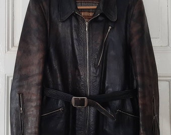 RARE! antique 1940s German brown LEATHER JACKET*MOTORCYCLE LEATHER JACKET*Vintage leather jacket with belt