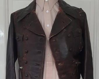 RARE! antique 1920s/1930s brown LEATHER JACKET*MOTORCYCLE LEATHER JACKET*Men's jacket with double breast and side buckles