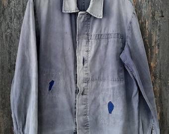 old German 60s blue work jacket*work jacket, colour-faded & embroidered and patched with Sashiko Boro hand sewing