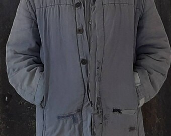 old winter wadding jacket*work wadding jacket *antique workwear winter*grey blue color*sun-bleached*cotton