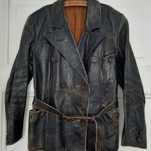 RARE! veste en cuir allemande antique des années 1930/1940 * veste en cuir de moto * veste en cuir vintage avec ceinture