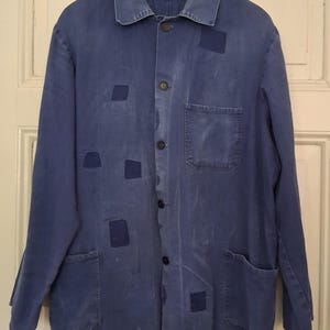 RARE! Vintage & used 1950s/60s cotton work jacket with repairs in faded indigo blue.
