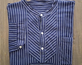 RARE! Old German Friesian shirt, large size*men's shirt*work shirt*stand-up collar shirt*blue and white striped shirt