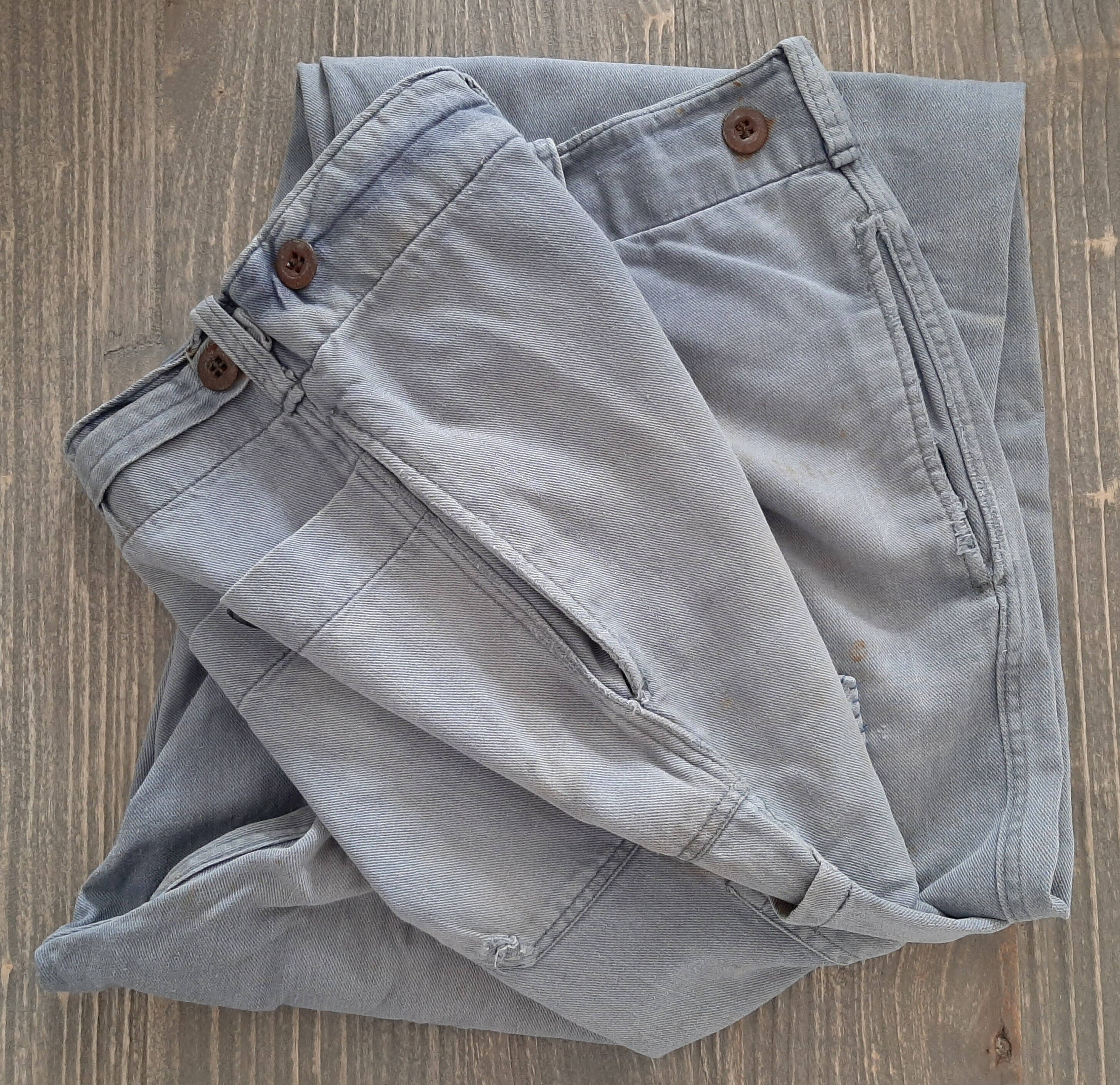 antique German 1940s WORK PANTS with side buckles*worker pants...cotton*washed blue-grey