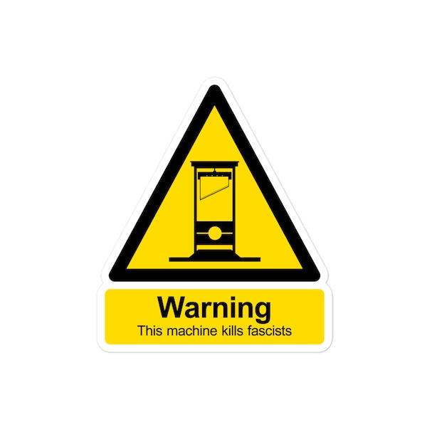 Guillotine parody warning sign - vinyl sticker