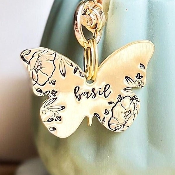 Floral Butterfly Pet Name Tag | Free Phone Number | Free Burlap Pouch | Free Gift Wrap | Solid Brass | Customized Pet Gift | Boho Dog Tag