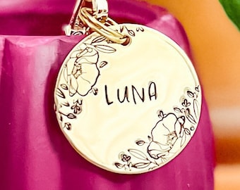 Classic Floral Dog Tag | Free Phone Number | Luna Dog Tag | Solid Brass Tag | Pet Gifts | Holiday Dog Gifts | Plant Lover Dog Tag