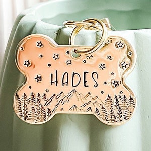 Summer Nights Bone Pet Name Tag | Starry Night Dog Tag | Handmade Dog Tag | Brass Dog Tag |Bone Dog Tag| Customized Pet Gifts| Pet ID Tag