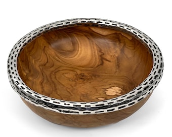 Hand-Carved Teak Wood Bowl with Metal Edge