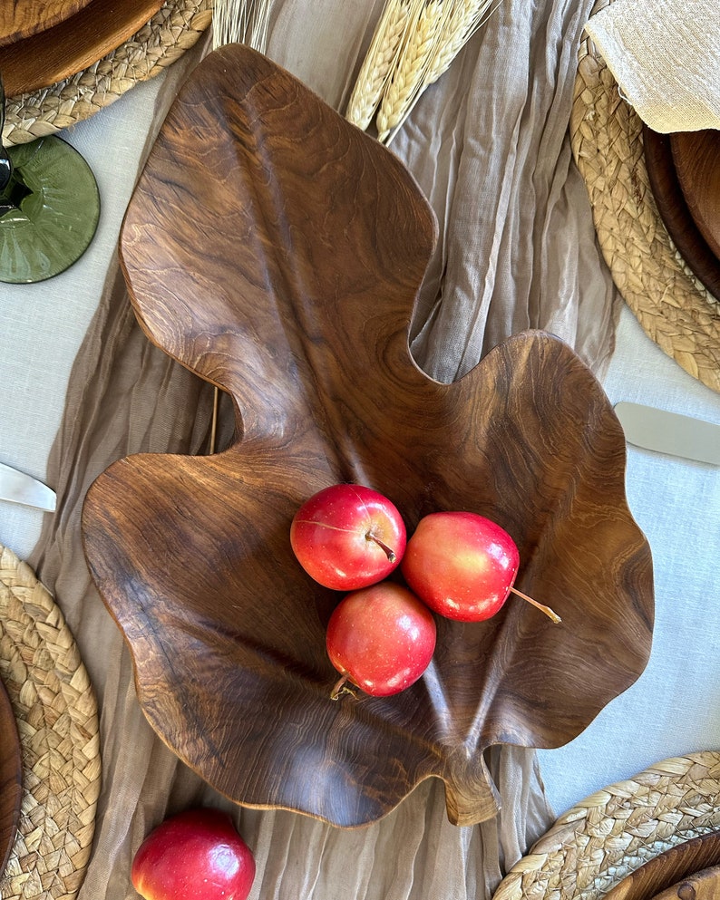 Hand Carved Teak Wood Leaf Bowl Etsy