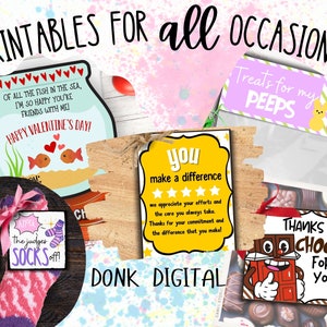 May include: A collection of printable cards and tags for various occasions. The cards feature colourful designs and messages such as "Happy Valentine's Day!" and "Thanks a Choco-lot for all you do!"