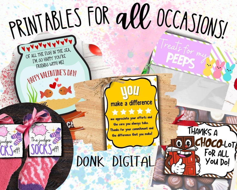 May include: A collection of printable cards and tags for various occasions. The cards feature colourful designs and messages such as "Happy Valentine's Day!" and "Thanks a Choco-lot for all you do!"
