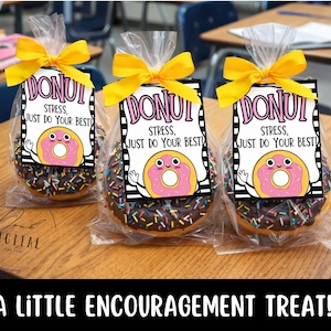 May include: Three chocolate frosted donuts with colorful sprinkles, each in a clear cellophane bag tied with a yellow ribbon. Each bag has a tag that says "DONUT STRESS, JUST DO YOUR BEST" with a cartoon donut.