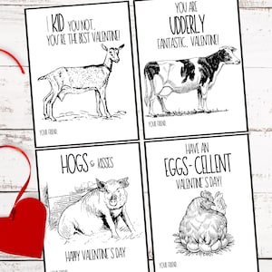 Farm Animal Valentine&#39;s- Printable Valentines - Class Valentine Hand out - School Valentines- Valentine Favors -  Happy Valentines Day