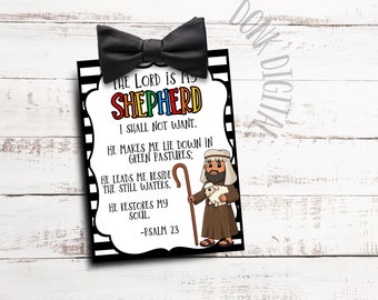 May include: A black and white striped card with a colorful illustration of a shepherd and a sheep. The card features the text "The Lord is my Shepherd, I shall not want." and "Psalm 23".