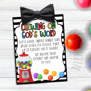 Chewing on God&#39;s word - Sunday School Printable - Church Printable - Religious Tags- VBS- bubblegum Tag