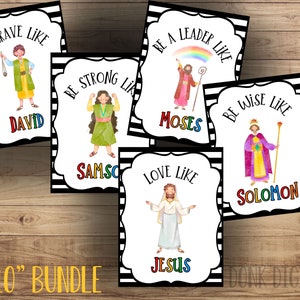 May include: Set of five 8x10 inch printable posters featuring biblical figures with inspirational messages. Each poster has a black and white striped background with colourful text and illustrations. The posters feature the following messages: Be Brave Like David, Be Strong Like Samson, Be a Leader Like Moses, Be Wise Like Solomon, and Love Like Jesus.