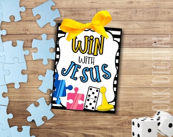 Win with Jesus - Sunday School Printable - Church Printable - Religious Tags- VBS