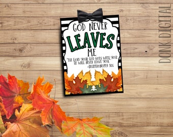 God never LEAVES me - Church Treats - Thanksgiving Church- Religious Fall Tag- bible verse tag