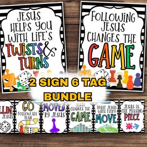 Vacation Bible School Bundle- signs and tags- Sunday School Printable - Church Printable - Religious Tags- VBS Board Game