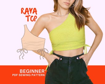 Raya One Shoulder Crop Top Sewing Pattern: Easy Ruched 90s Style (PDF Pattern)