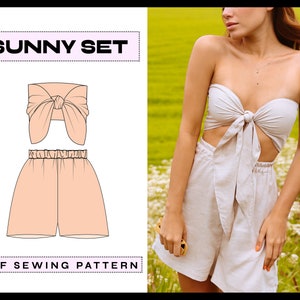 Patrón de costura digital en PDF Sunny Set / Pantalones cortos y top cruzado con lazo en la espalda / Ropa para hacer tú mismo / Descarga instantánea A4, A0, Carta xs, s, m, l, xl