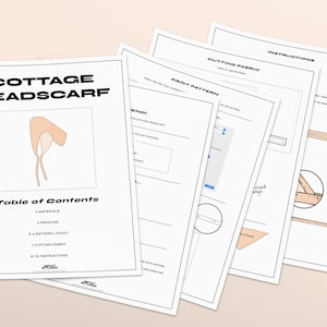 May include: A printable pattern for a cottage headscarf. The pattern includes instructions for cutting and sewing the fabric. The pattern is designed to be printed on 8.5 x 11 inch paper.