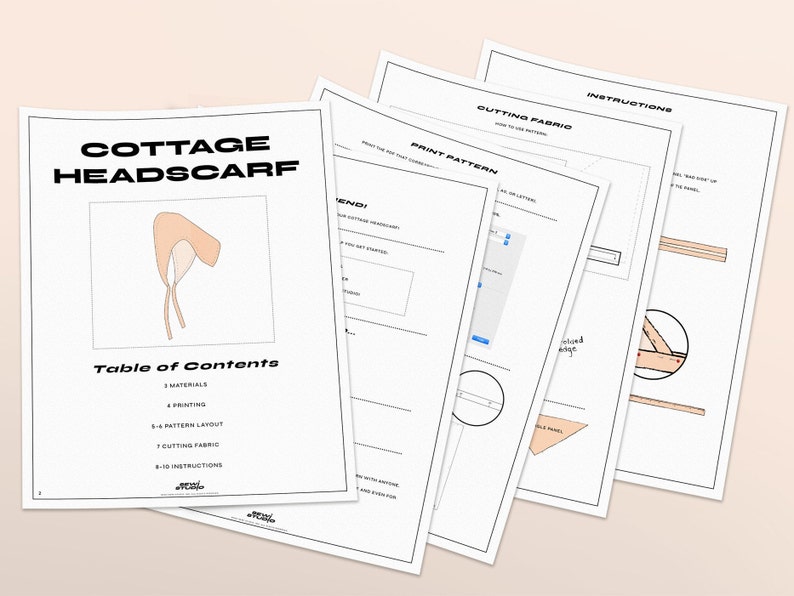 May include: A printable pattern for a cottage headscarf. The pattern includes instructions for cutting and sewing the fabric. The pattern is designed to be printed on 8.5 x 11 inch paper.