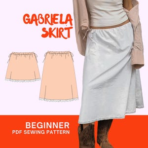 Puede incluir: La imagen muestra una falda blanca con un ribete de encaje, un patrón de falda color melocotón y el texto "GABRIELA SKIRT". La imagen también incluye el texto "BEGINNER PDF SEWING PATTERN."