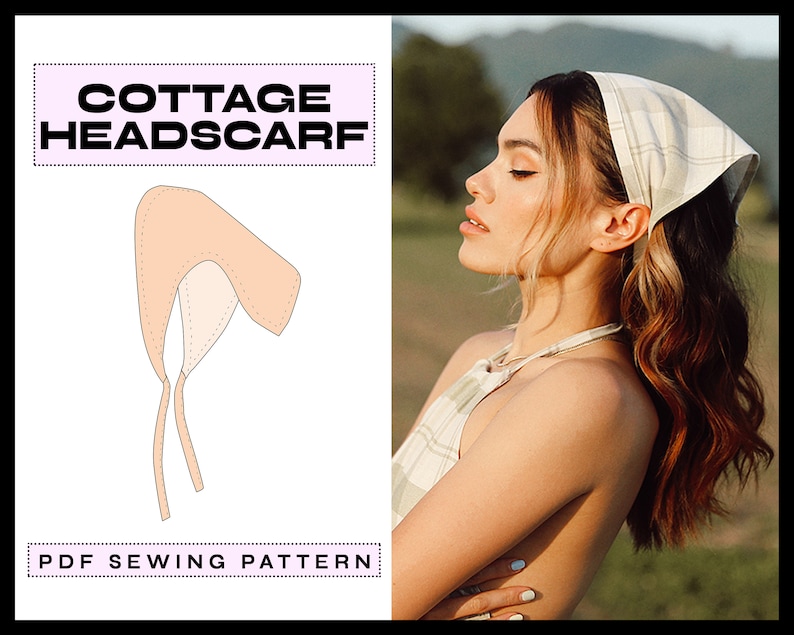 May include: A PDF sewing pattern for a cottage headscarf. The pattern is illustrated with a line drawing of the headscarf. The headscarf is a simple, rectangular shape with two ties.