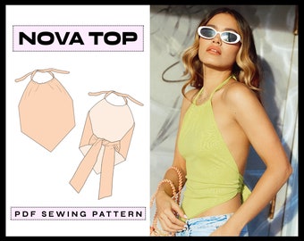 PDF Nova Halter Top Digital SEWING Pattern | EASY 90s Summer Shirt | Trendy Backless Clothing | Instant Download | A4, A0, Letter xs,s,m,l