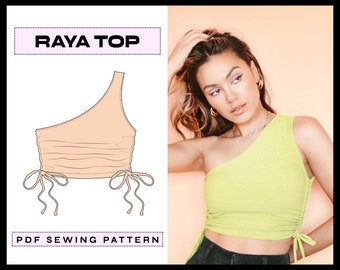 PDF Raya One Shoulder Crop Top Digital SEWING Pattern | EASY 90s Summer Shirt | Ruched Trendy | Instant Download A4, A0, Letter s,m,l,xl